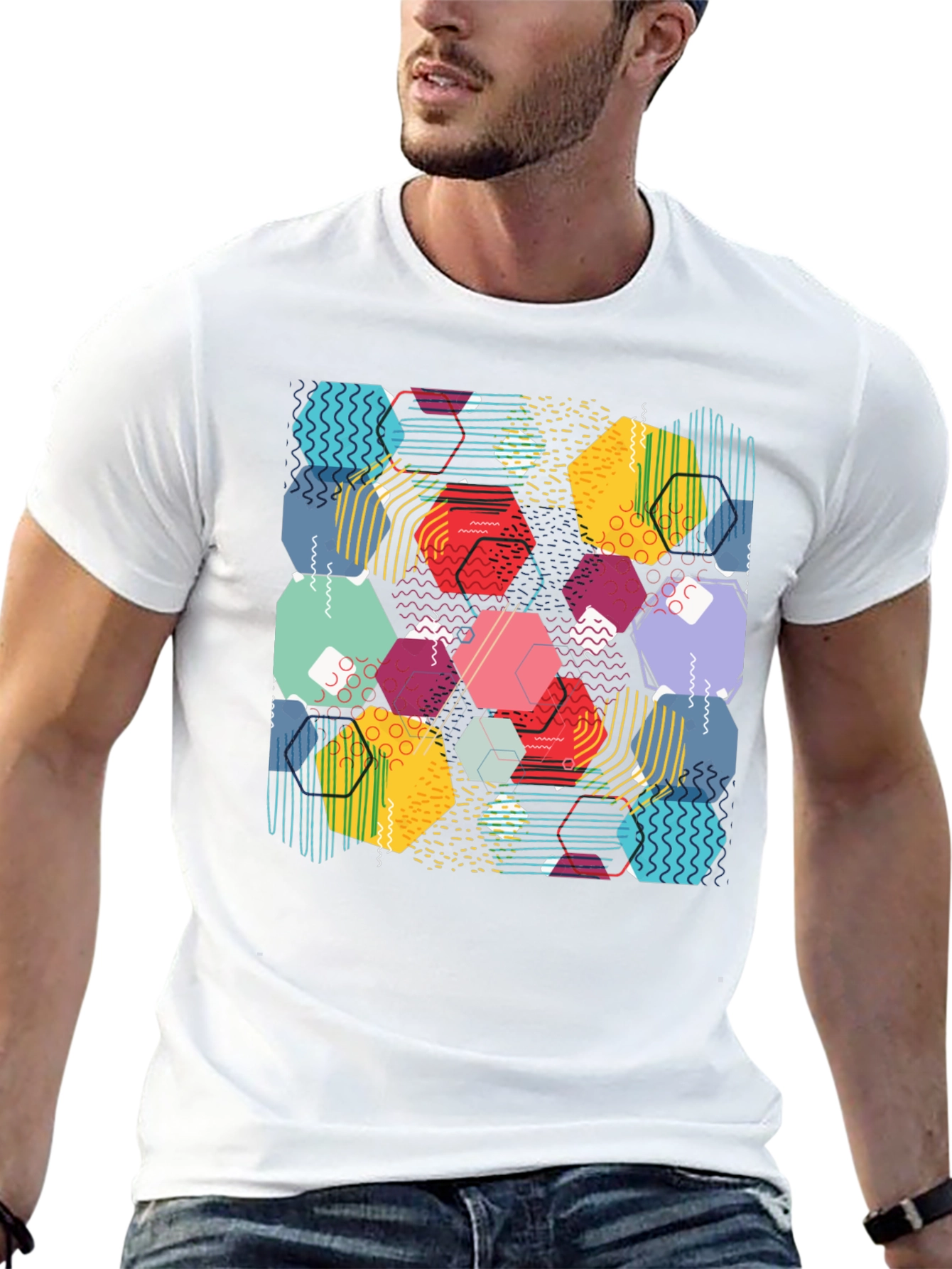 Geometric Pattern T-Shirt - Colorful Hexagon Design