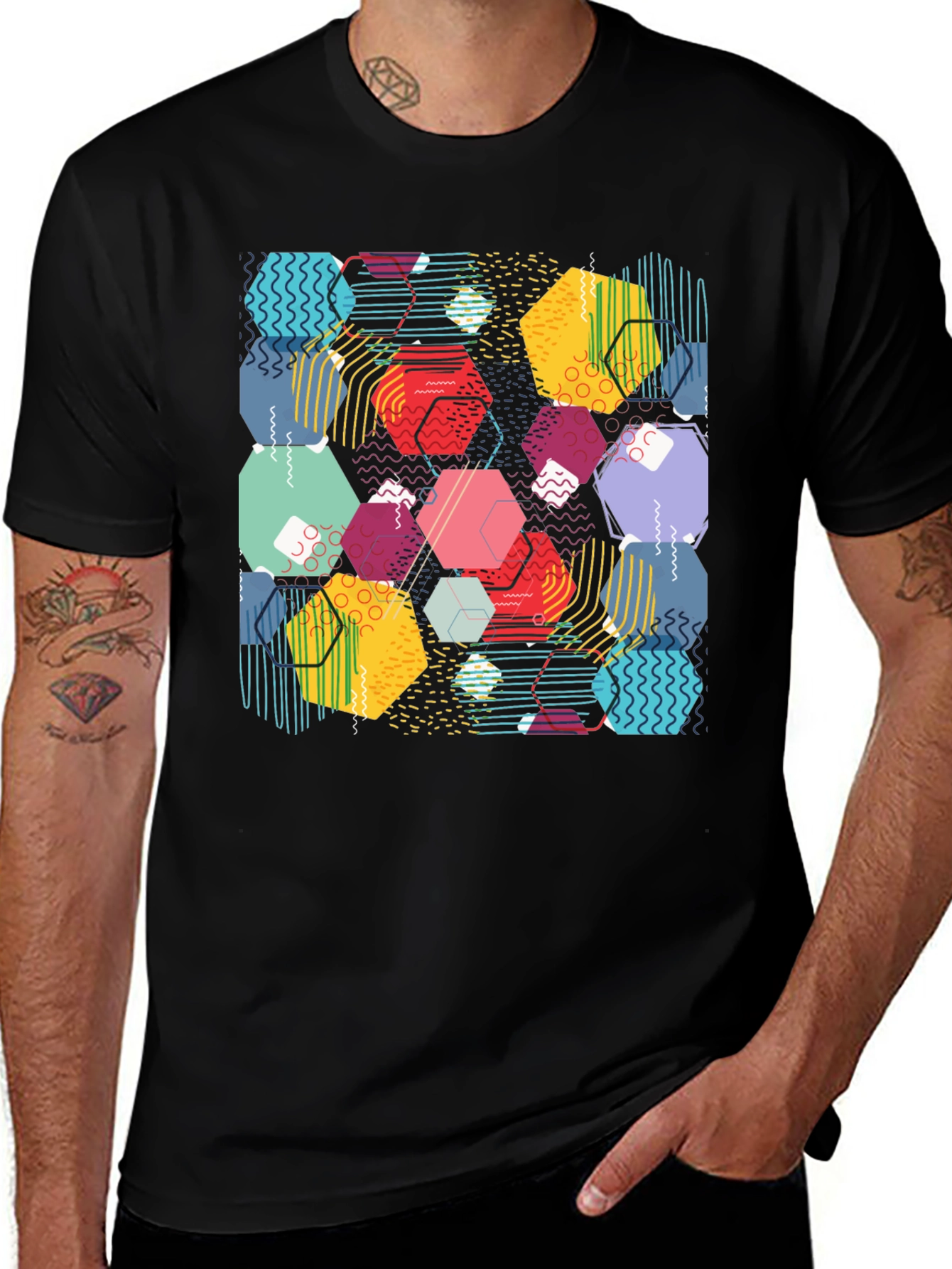 Geometric Pattern T-Shirt - Colorful Hexagon Design