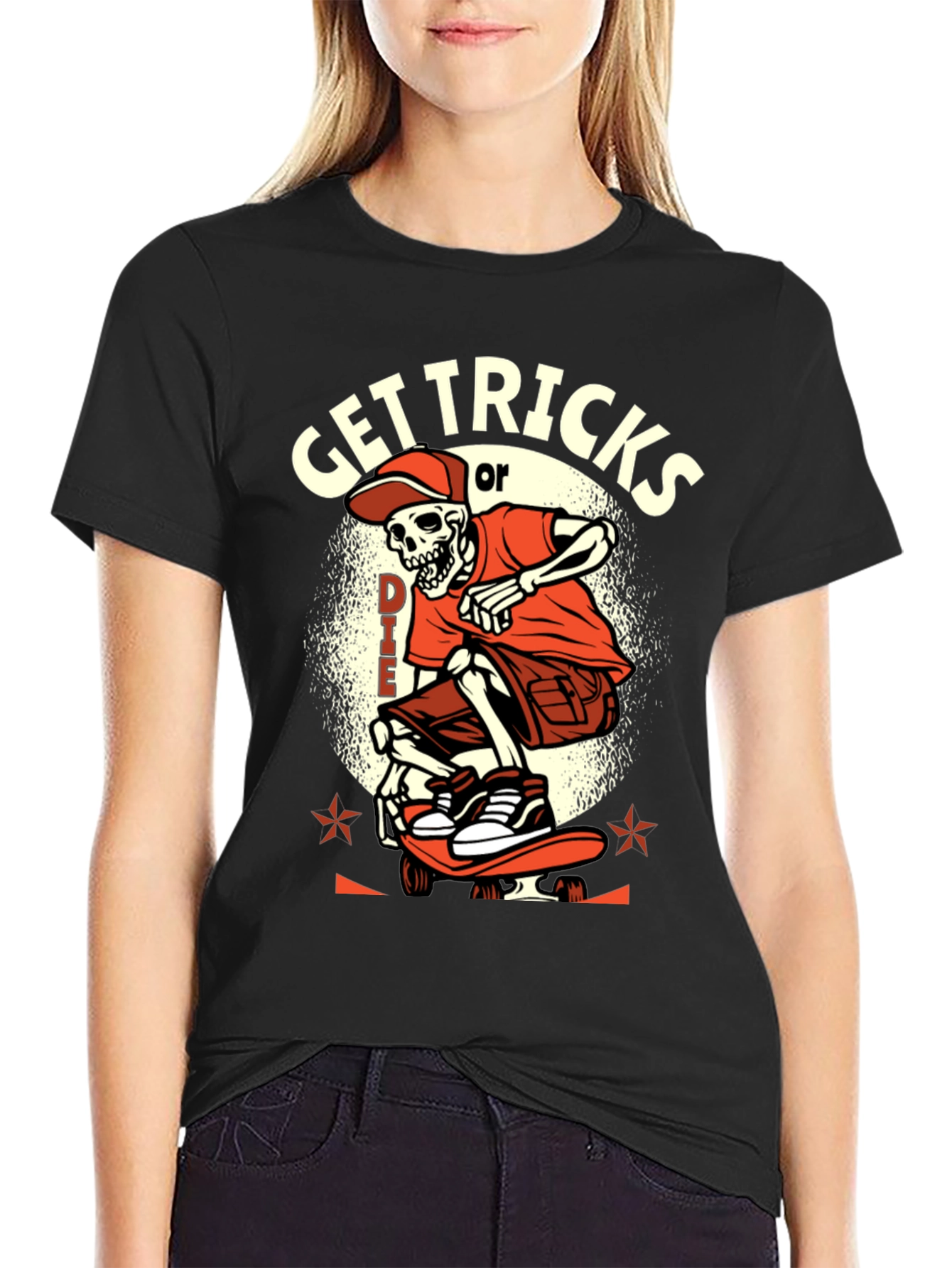 Get Tricks or Die Skeleton Skateboard Graphic Tee