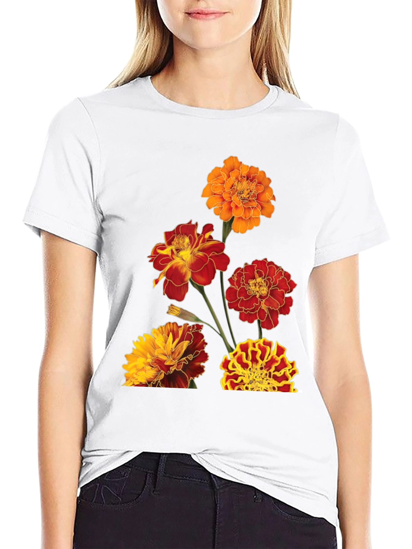 Floral Print Tee - Vibrant Marigold Design