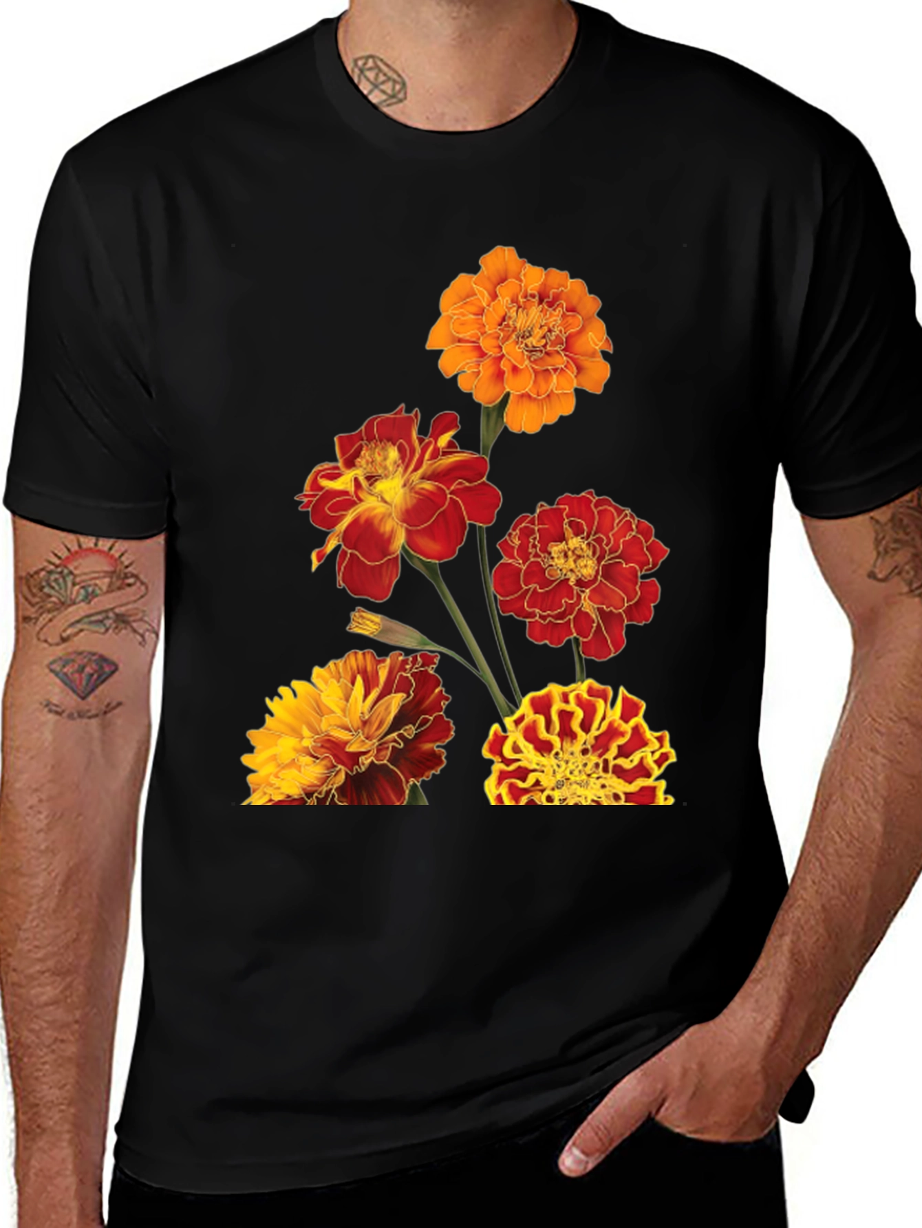 Floral Print Tee - Vibrant Marigold Design