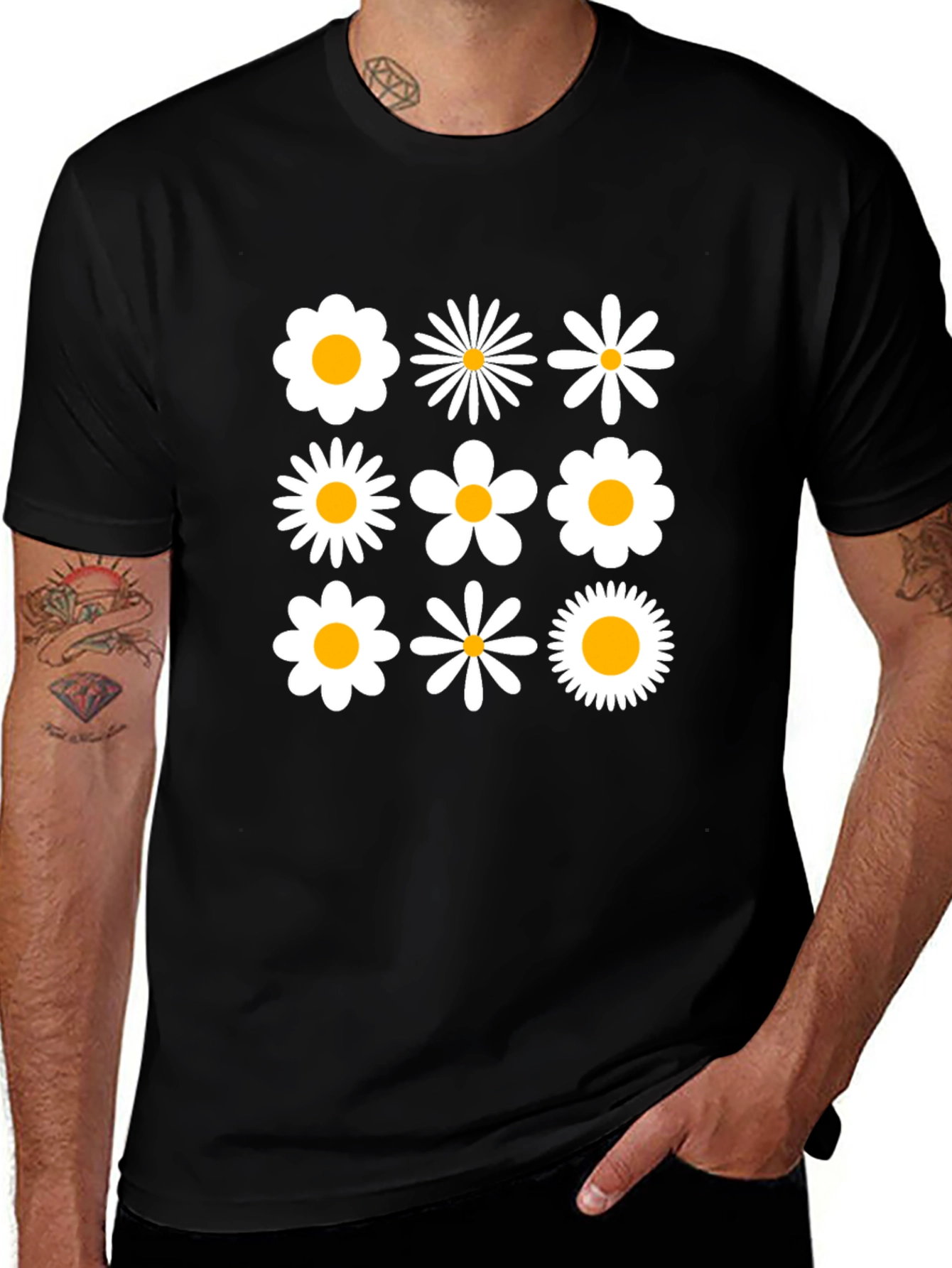 Retro Daisy Grid T-Shirt - Black