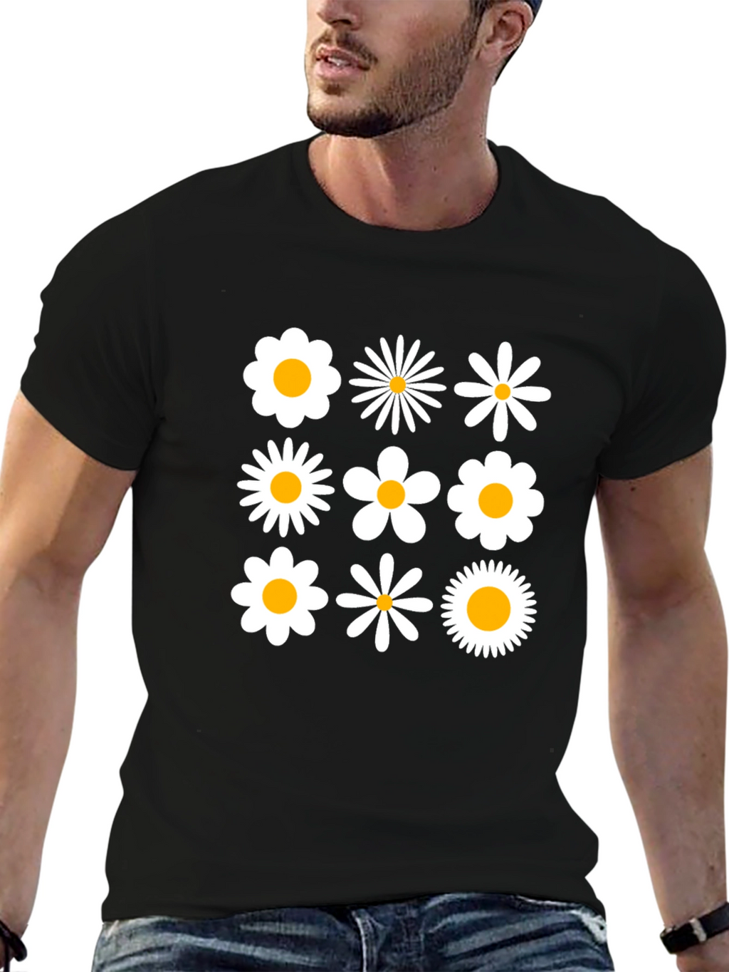 Retro Daisy Grid T-Shirt - Black