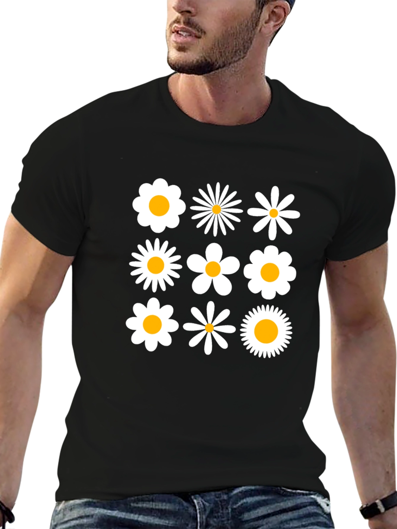 Retro Daisy Grid T-Shirt - Black