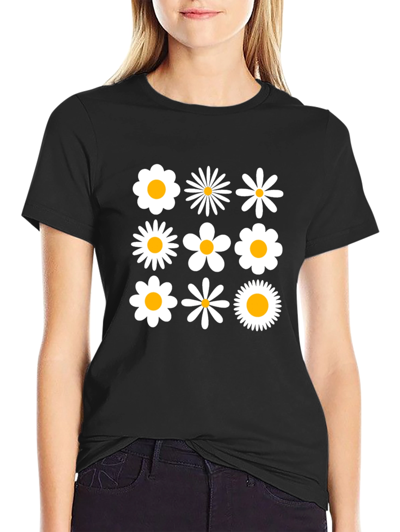 Retro Daisy Grid T-Shirt - Black