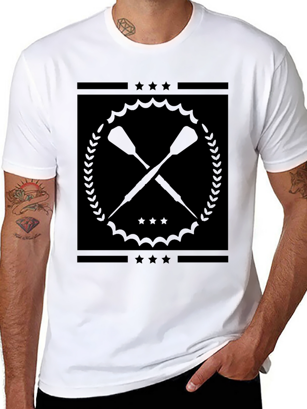 Black Graphic Tee with Crossed Paddles Design