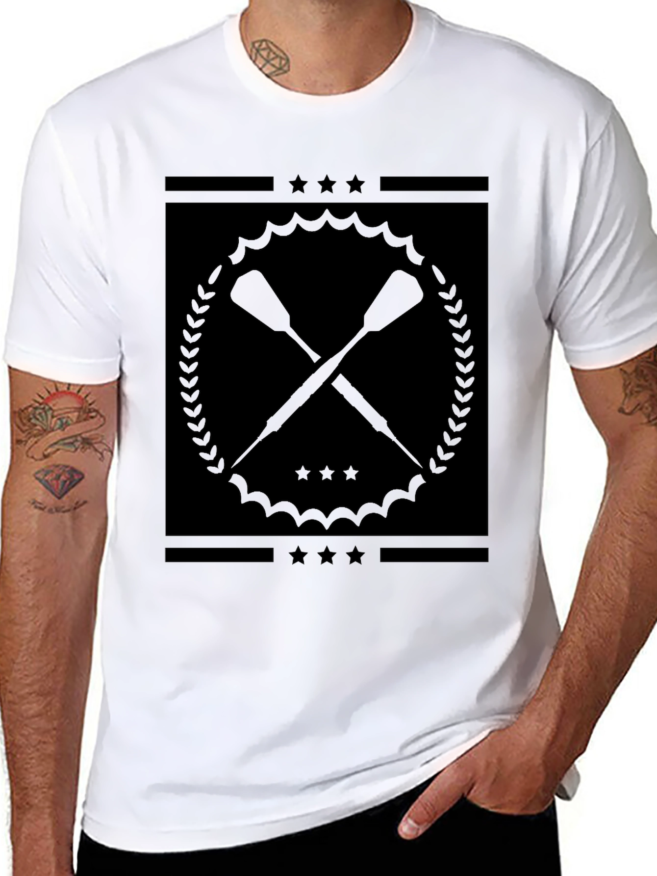 Black Graphic Tee with Crossed Paddles Design