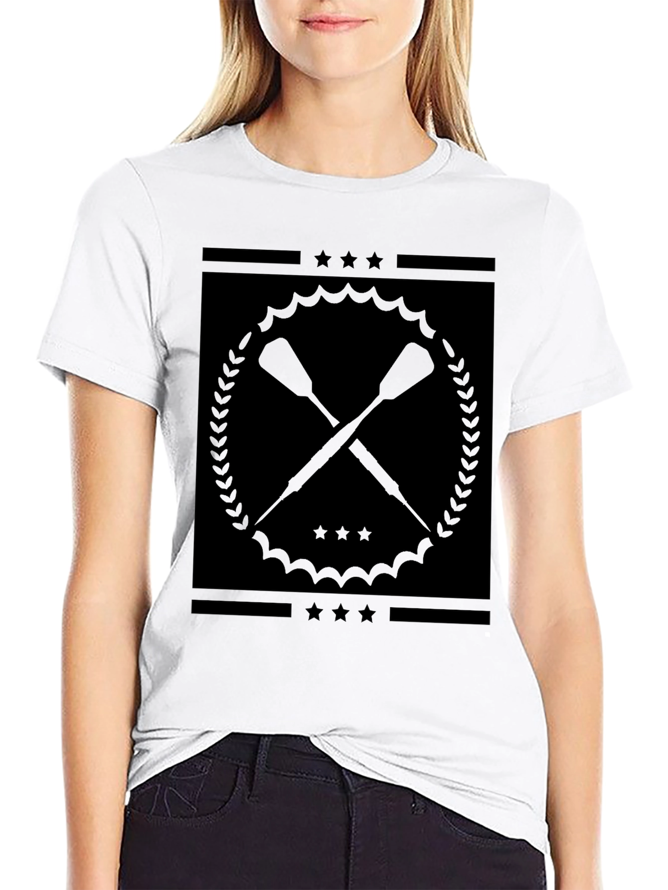 Black Graphic Tee with Crossed Paddles Design