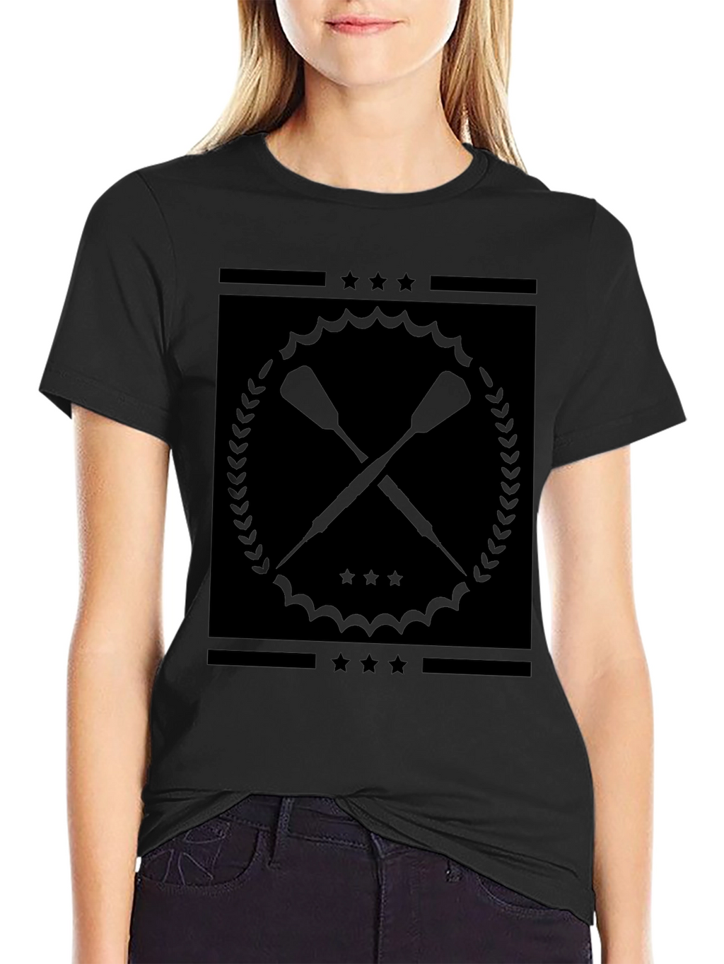 Black Graphic Tee with Crossed Paddles Design