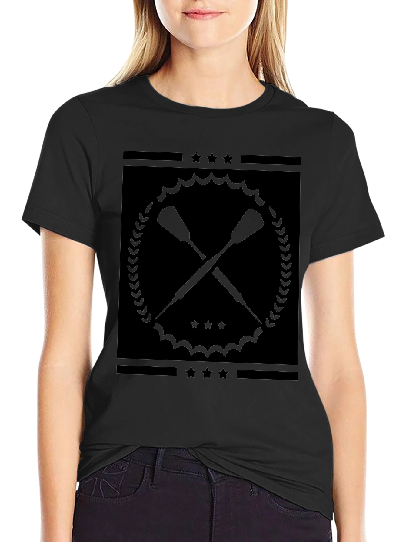 Black Graphic Tee with Crossed Paddles Design