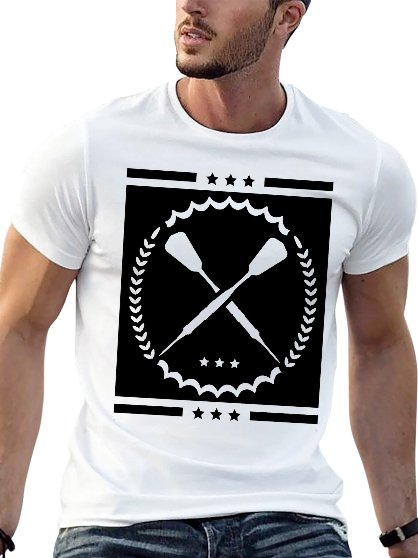 Black Graphic Tee with Crossed Paddles Design