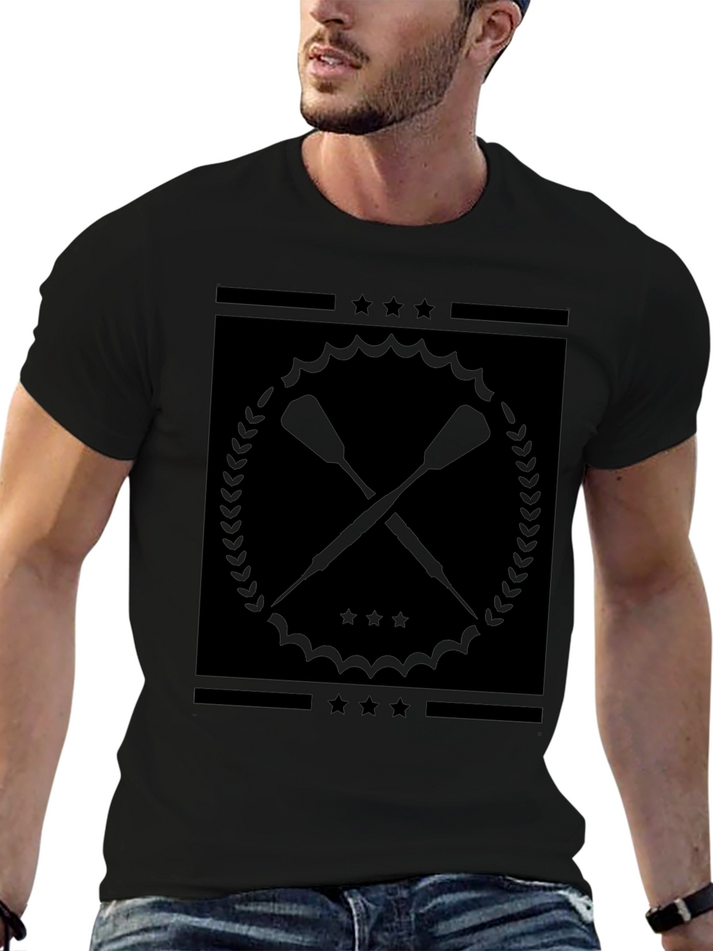 Black Graphic Tee with Crossed Paddles Design