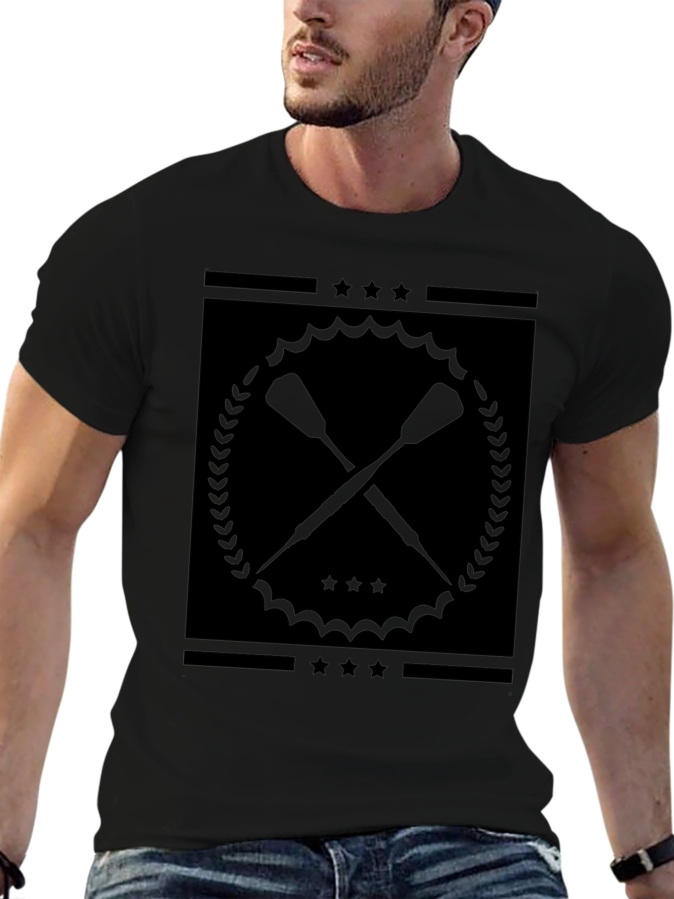 Black Graphic Tee with Crossed Paddles Design