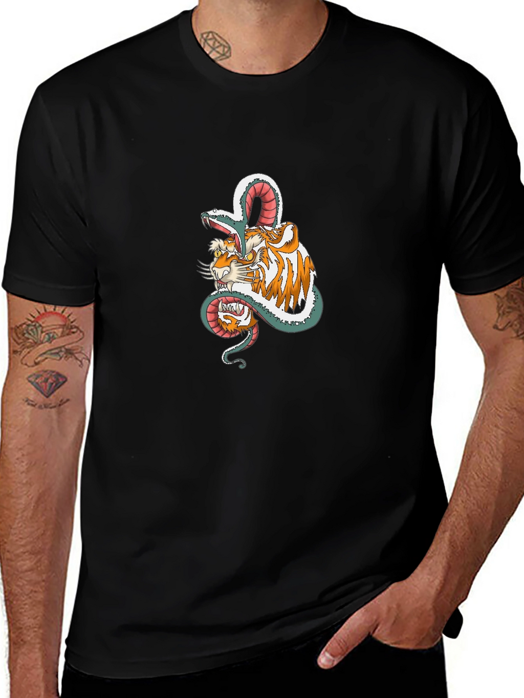 Tiger & Snake Graphic Print Black T-Shirt