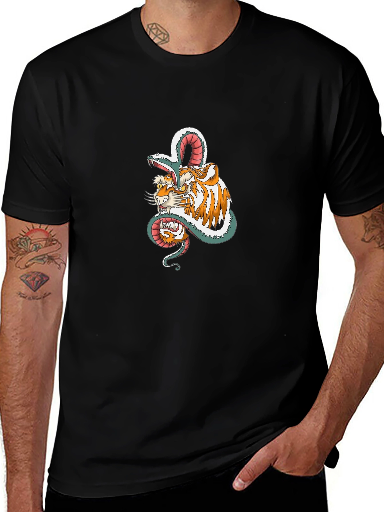 Tiger & Snake Graphic Print Black T-Shirt