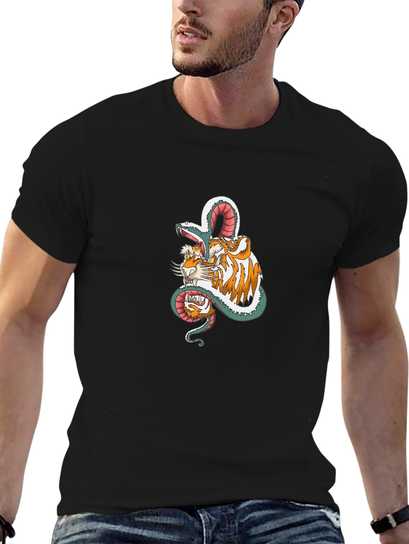 Tiger & Snake Graphic Print Black T-Shirt