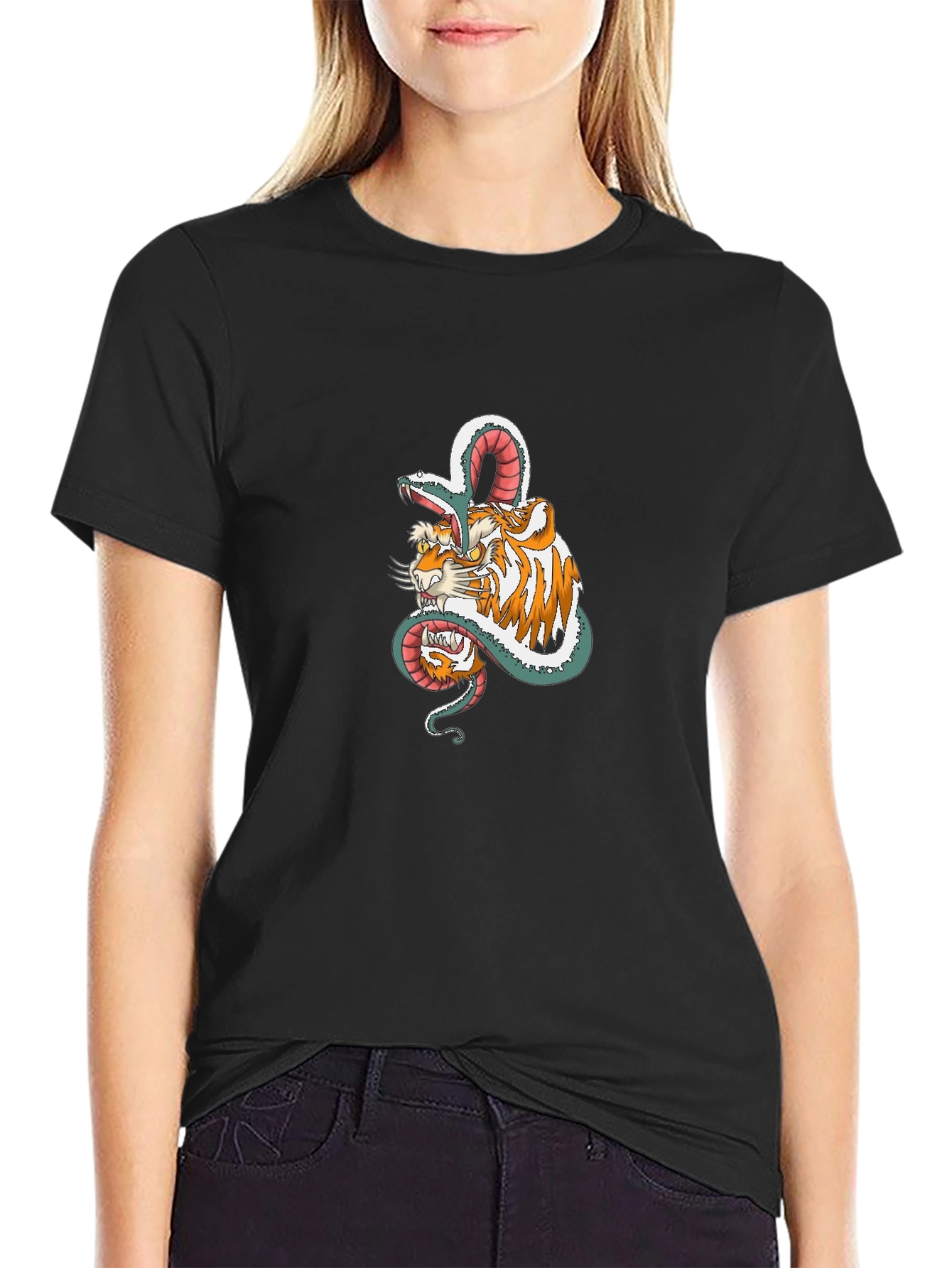 Tiger & Snake Graphic Print Black T-Shirt