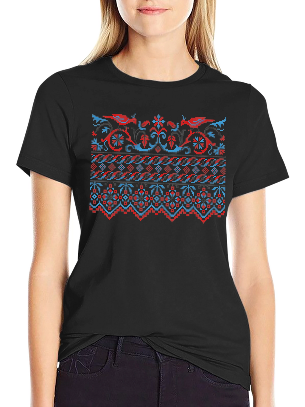 Retro Pixel Art Bird Pattern Black T-Shirt