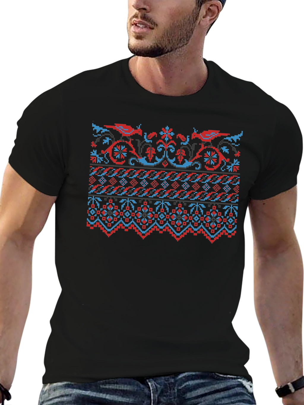 Retro Pixel Art Bird Pattern Black T-Shirt