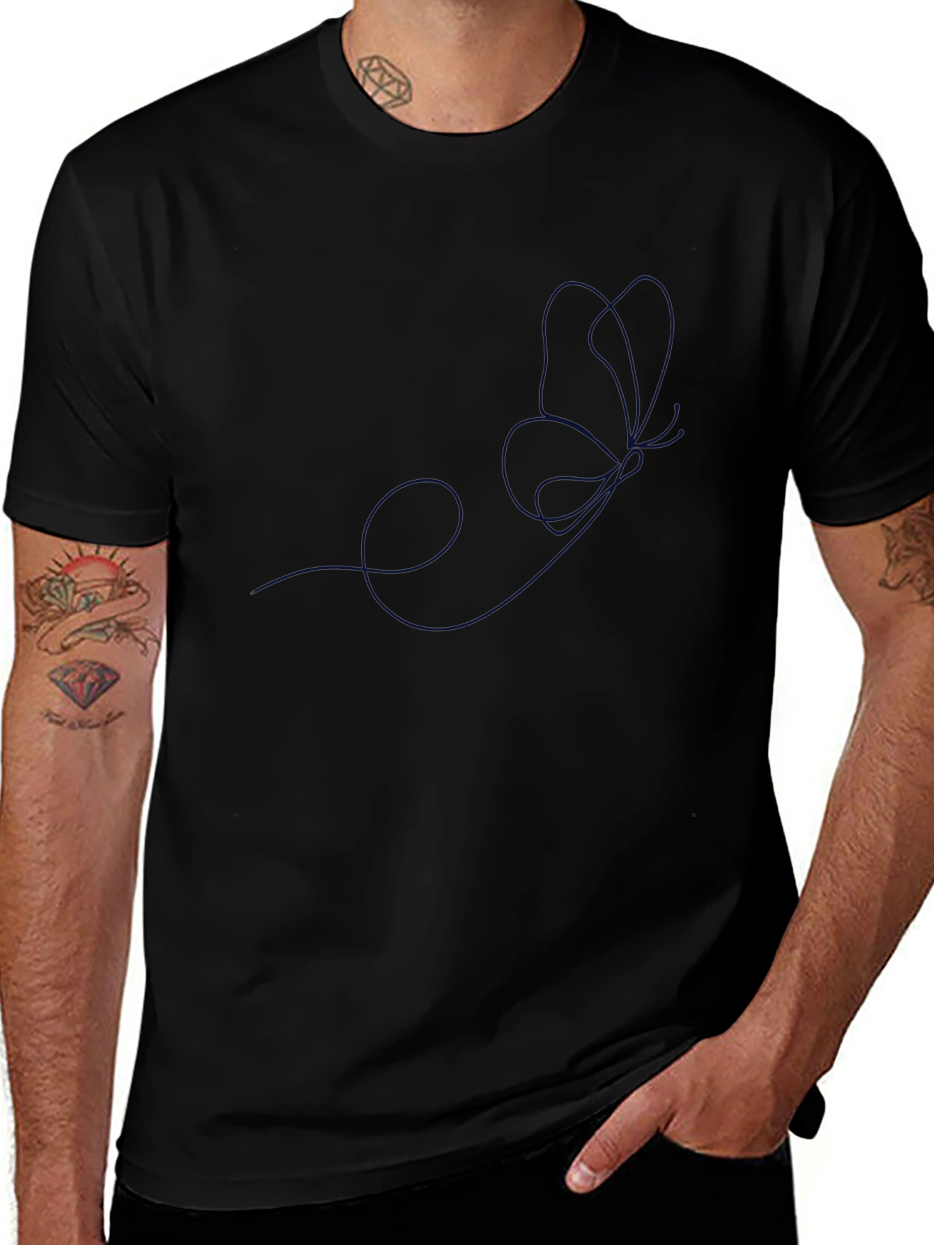 Minimalist Butterfly Line Art Black T-Shirt