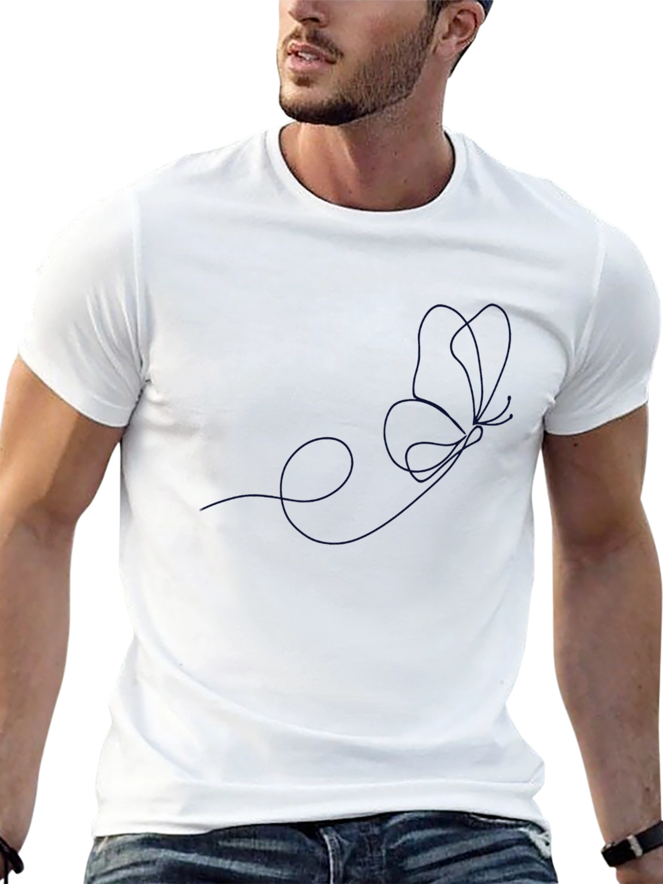 Minimalist Butterfly Line Art Black T-Shirt