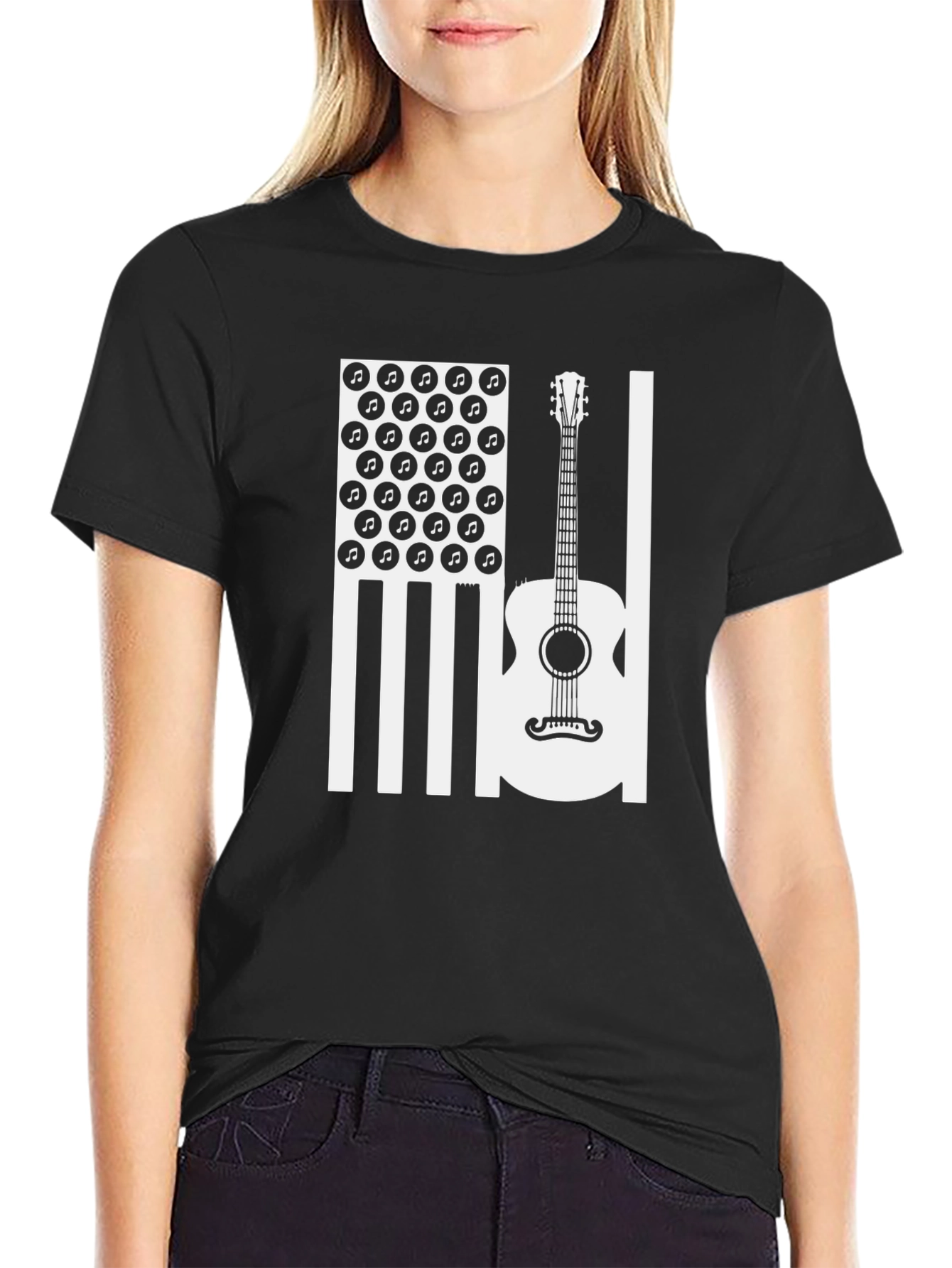 Acoustic Guitar American Flag Music Note Graphic Tee