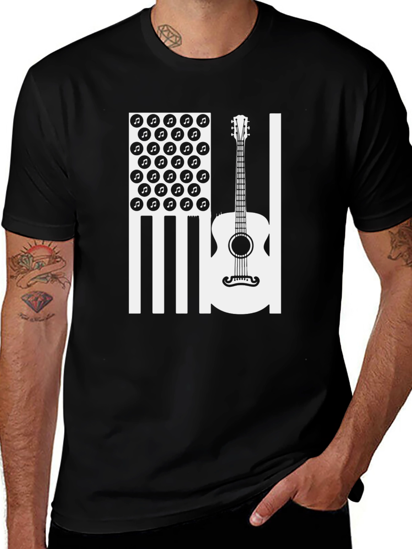 Acoustic Guitar American Flag Music Note Graphic Tee