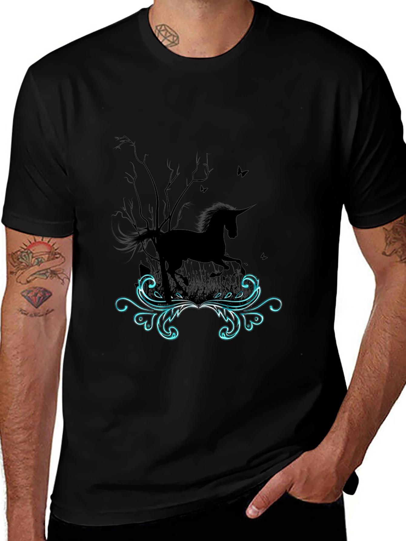 Unicorn Graphic Print Tee - Mens Black T-Shirt