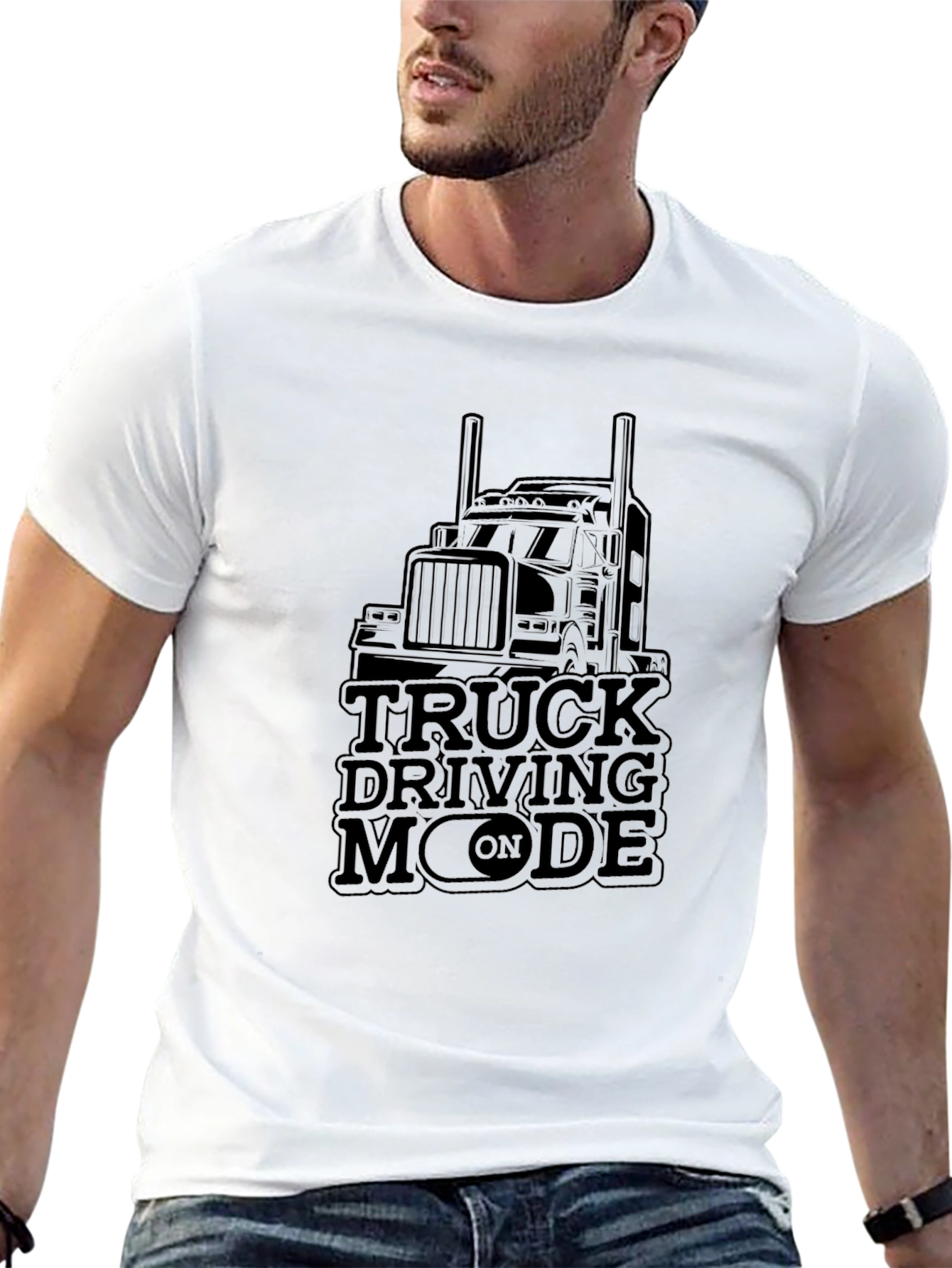 Truck Driving Mode On T-Shirt - Black Crew Neck Tee