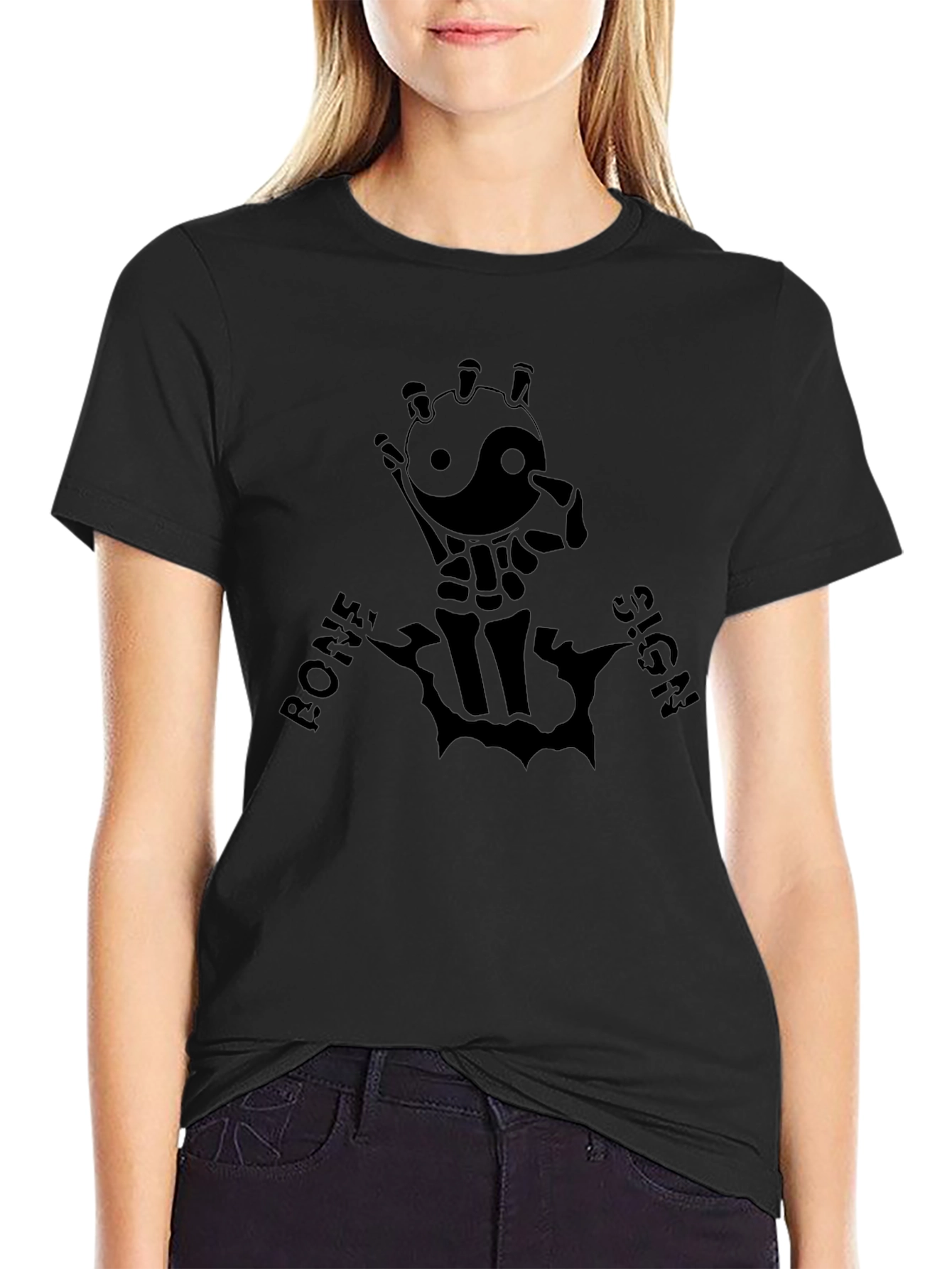 Yin Yang Skeleton Hand Graphic Tee - Black