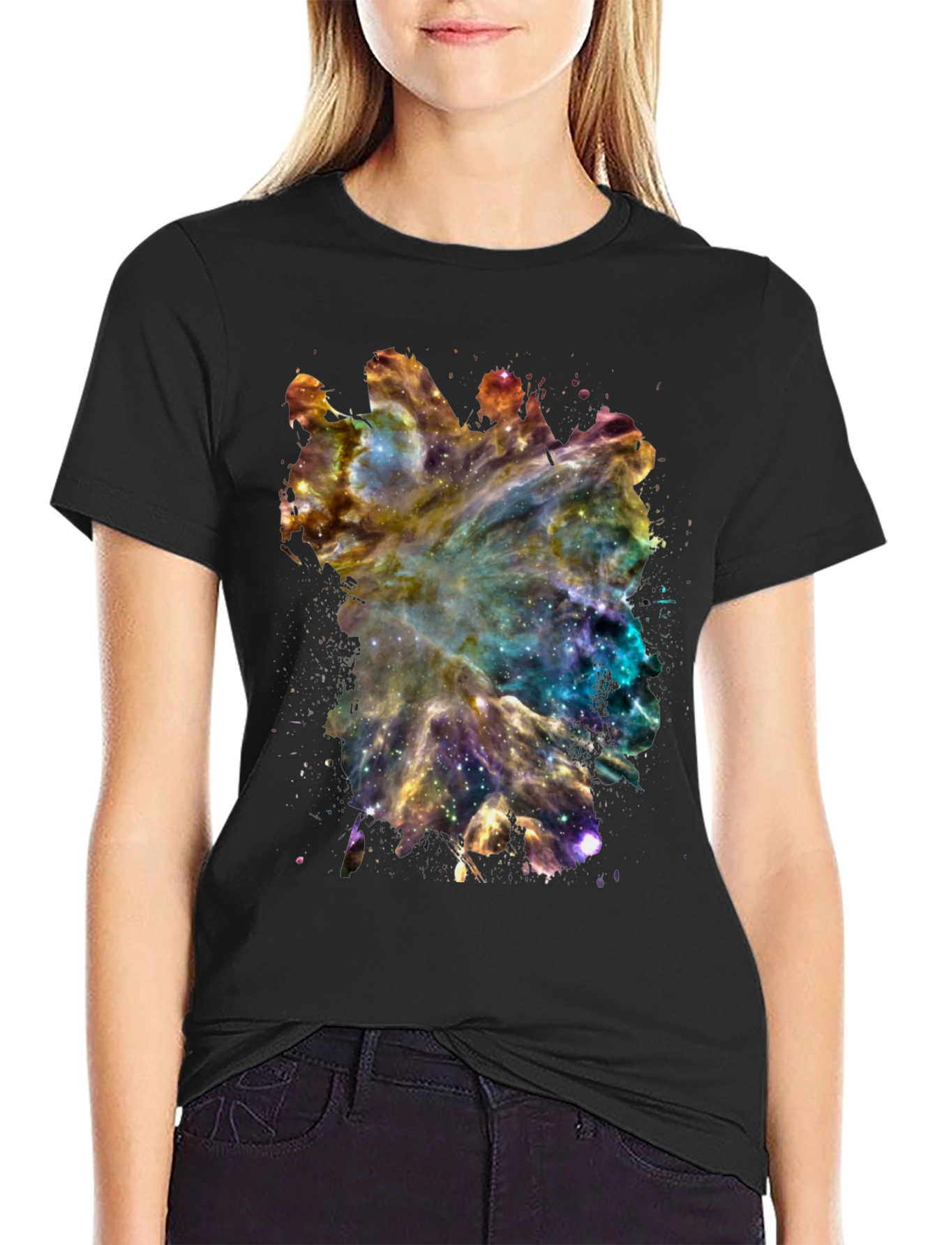 Galaxy Nebula Print Black Cotton T-Shirt