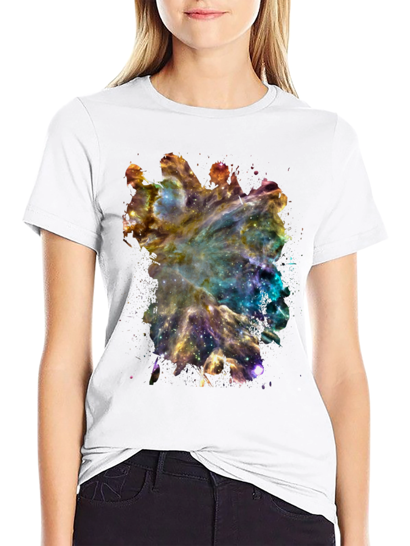 Galaxy Nebula Print Black Cotton T-Shirt