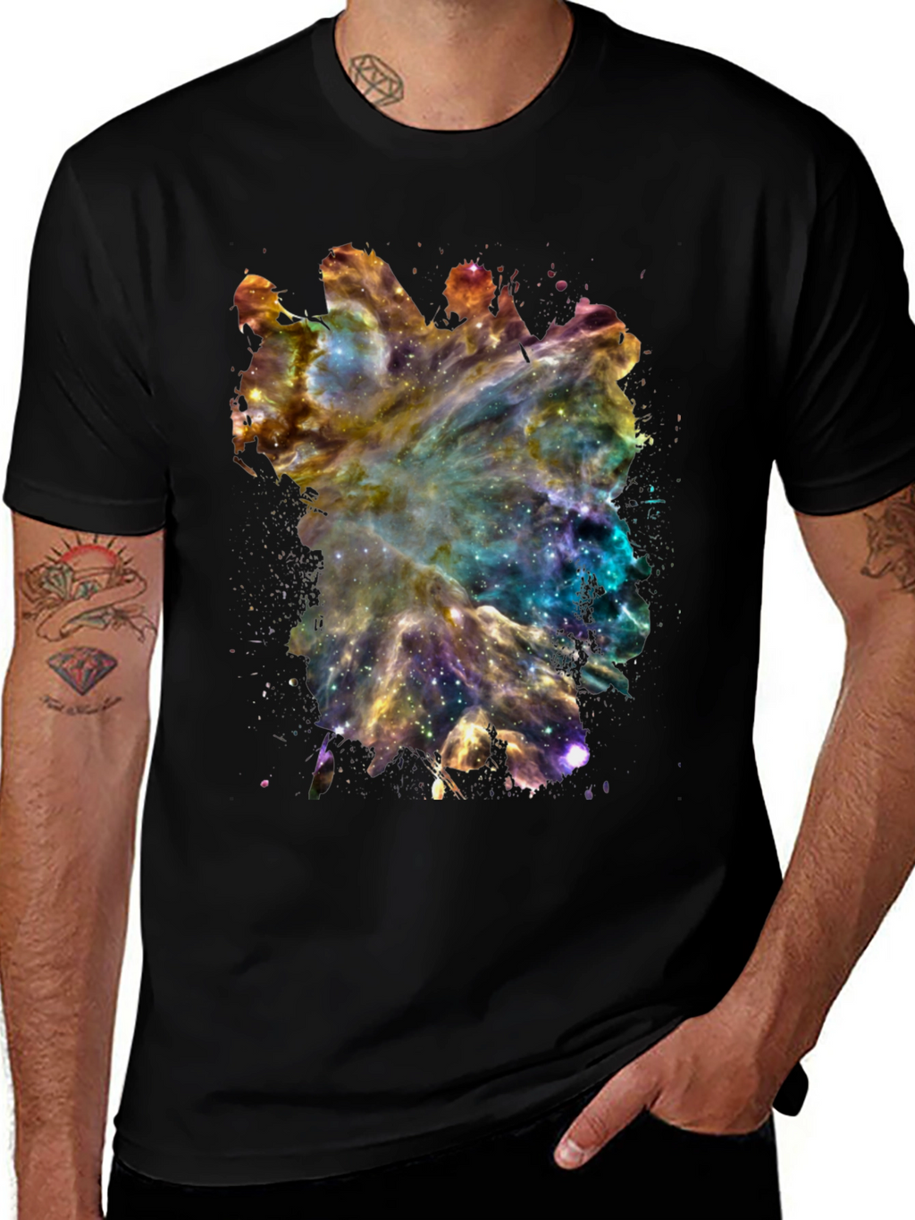 Galaxy Nebula Print Black Cotton T-Shirt