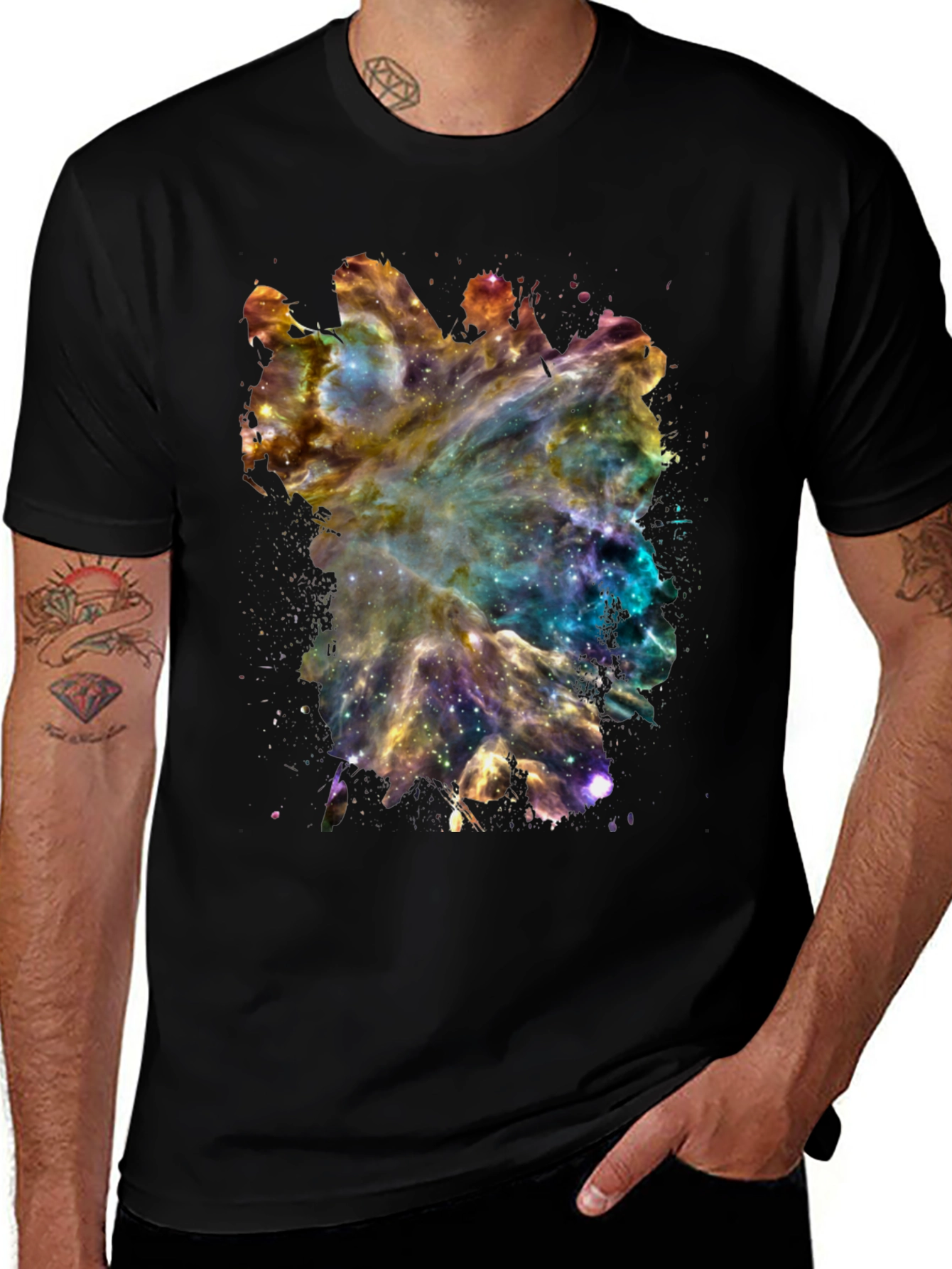 Galaxy Nebula Print Black Cotton T-Shirt