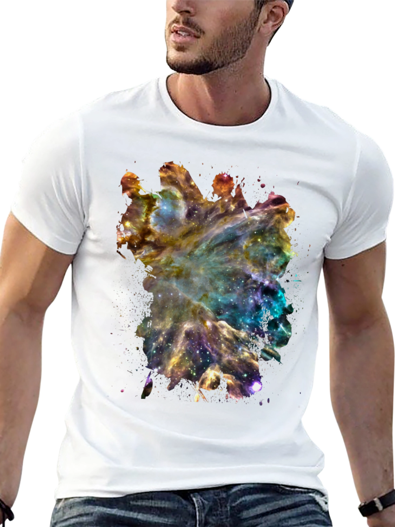 Galaxy Nebula Print Black Cotton T-Shirt