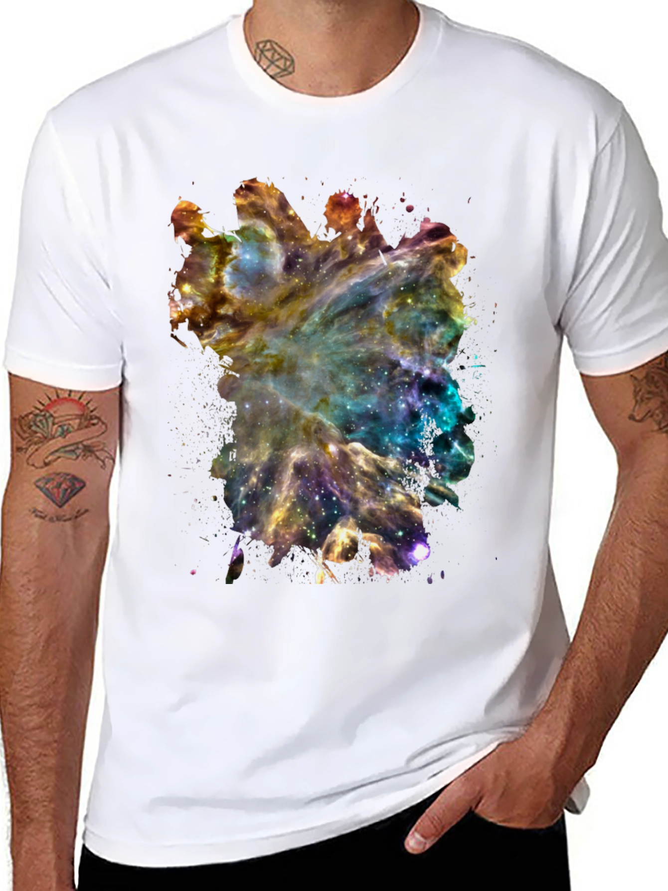 Galaxy Nebula Print Black Cotton T-Shirt