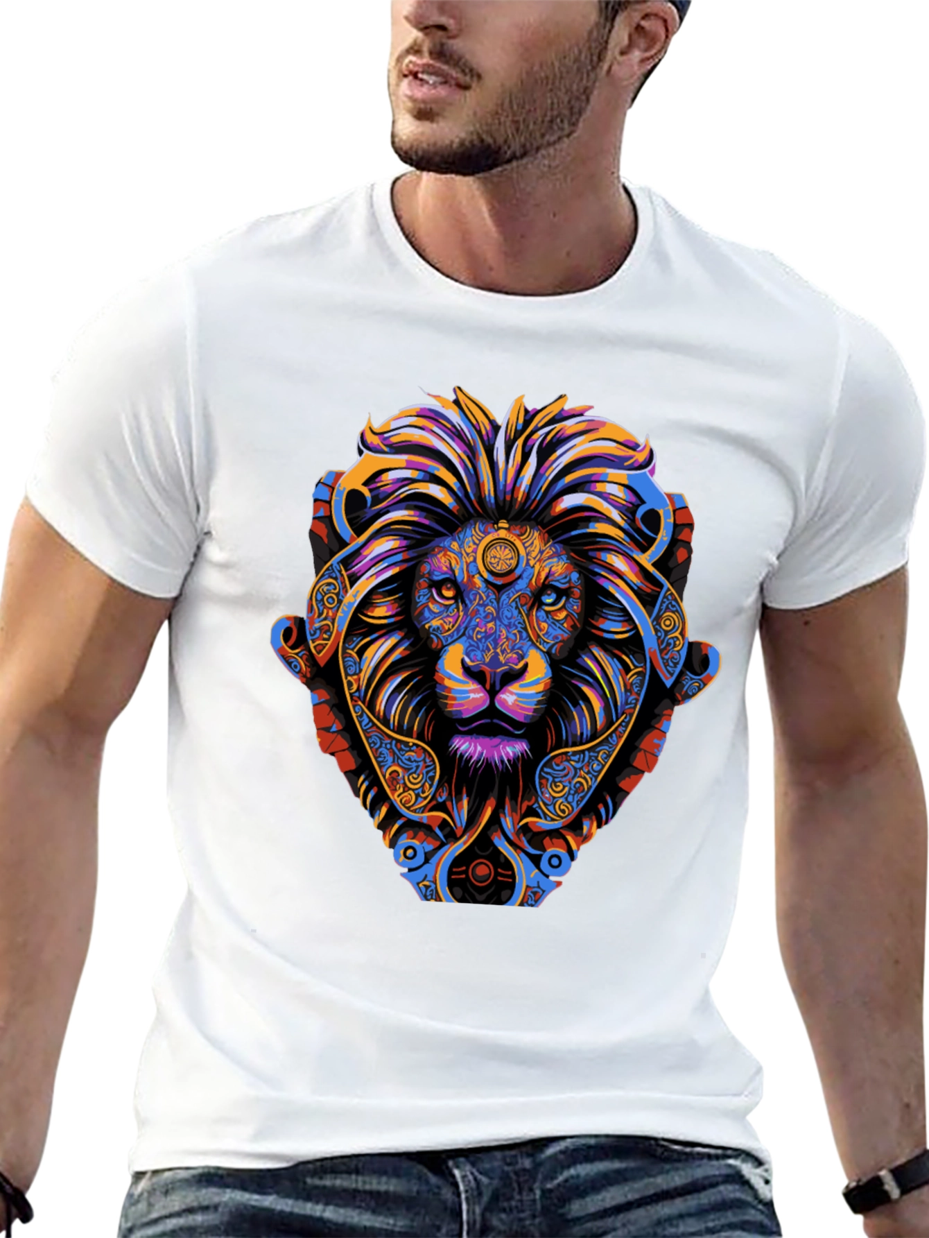 Psychedelic Lion Graphic Tee - Vibrant Mens T-Shirt