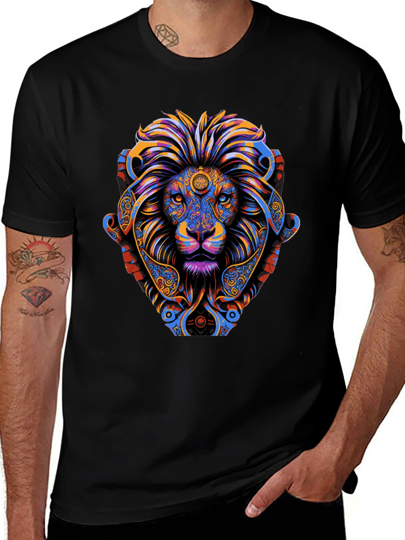 Psychedelic Lion Graphic Tee - Vibrant Mens T-Shirt