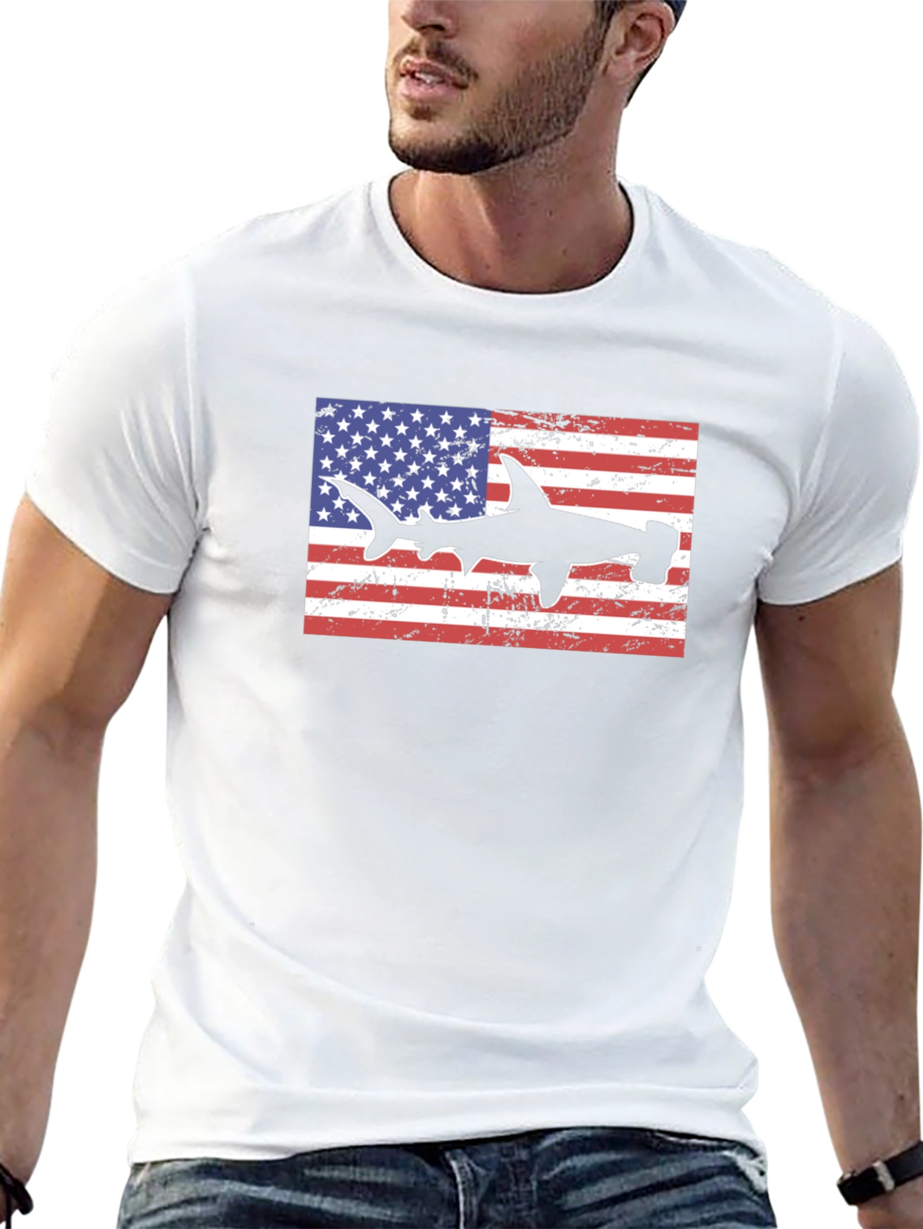 American Flag Hammerhead Shark Black T-Shirt