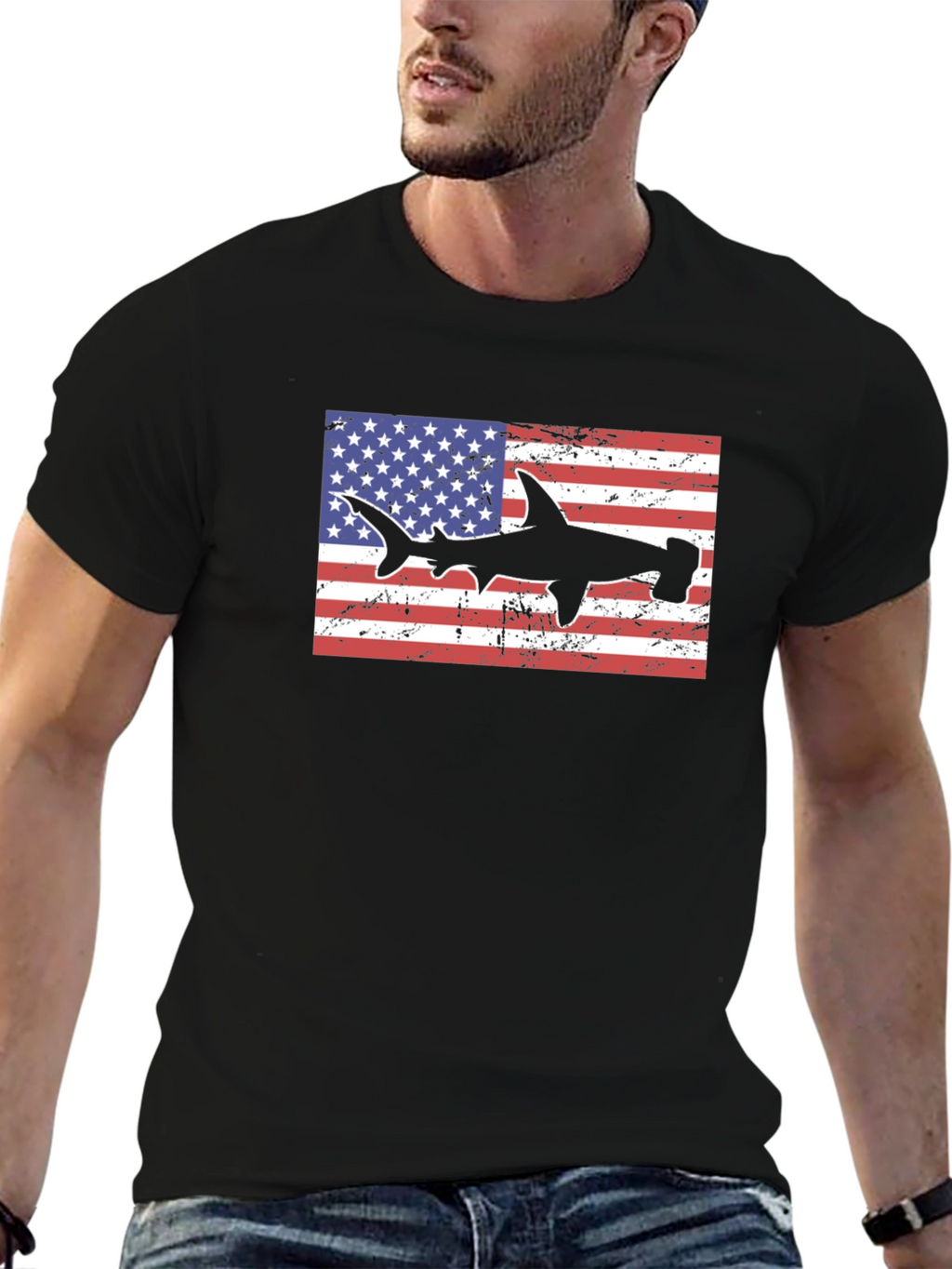 American Flag Hammerhead Shark Black T-Shirt