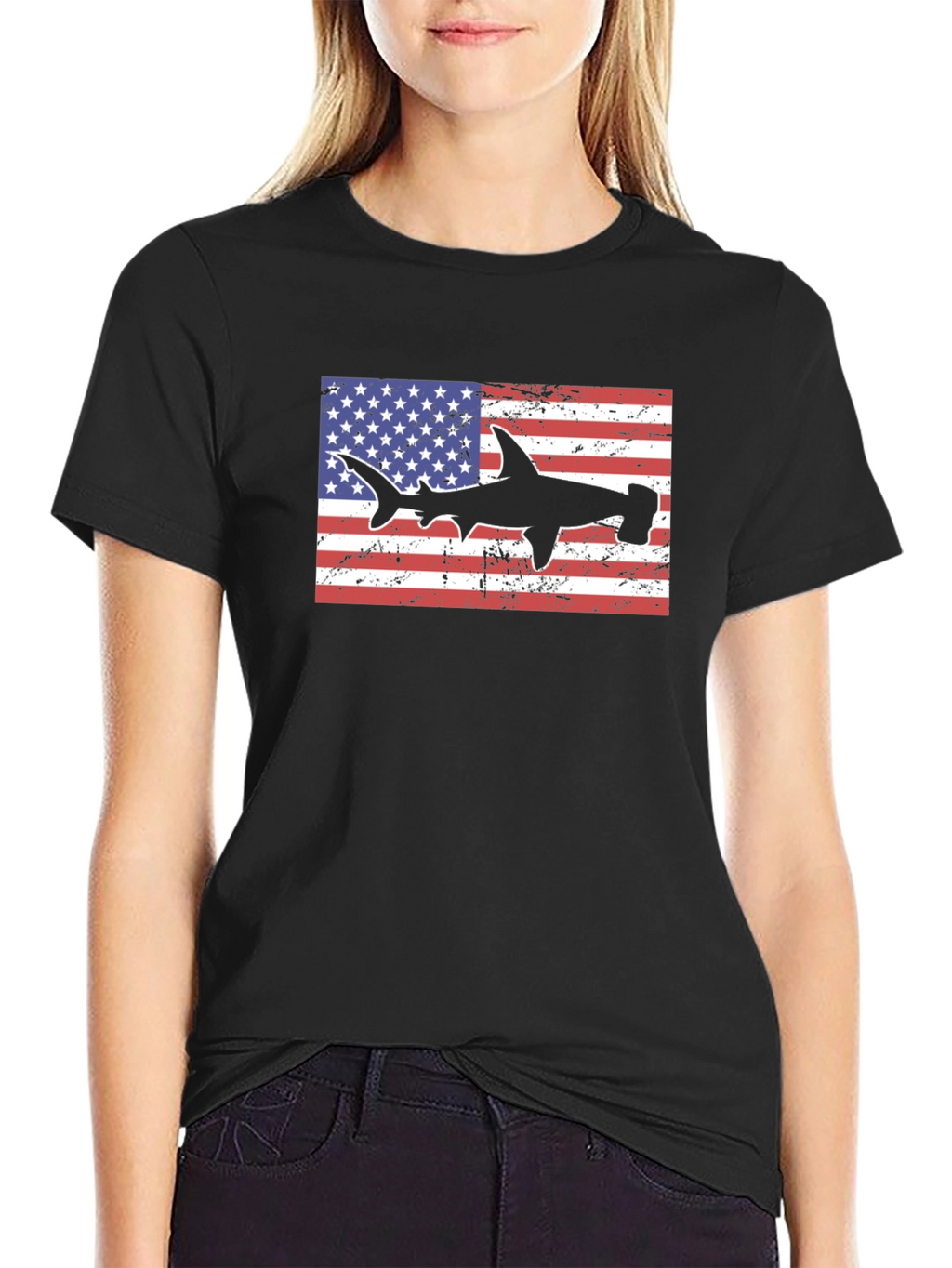 American Flag Hammerhead Shark Black T-Shirt