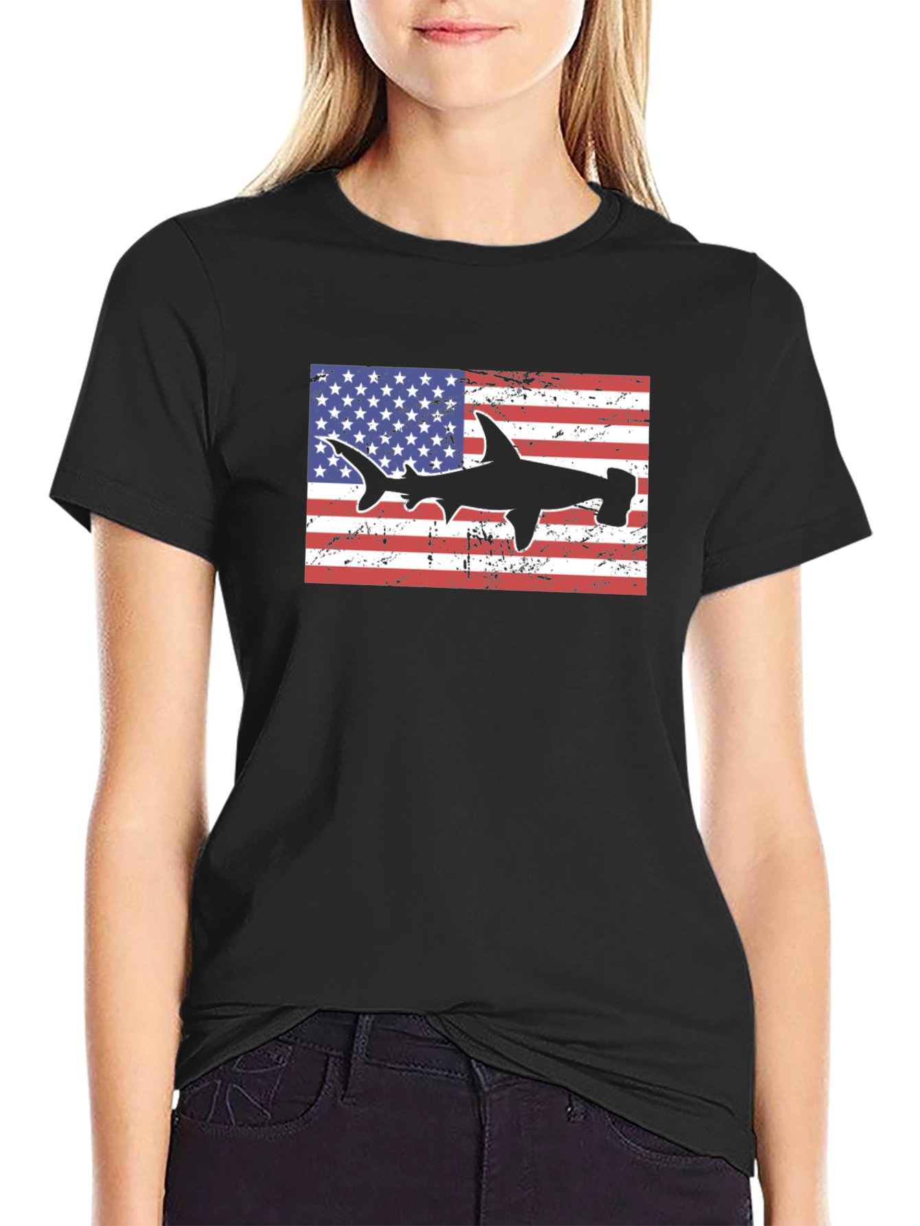 American Flag Hammerhead Shark Black T-Shirt