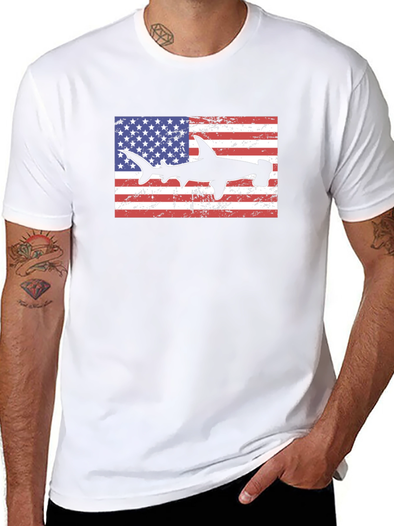 American Flag Hammerhead Shark Black T-Shirt