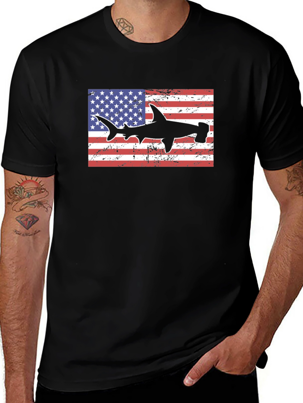 American Flag Hammerhead Shark Black T-Shirt