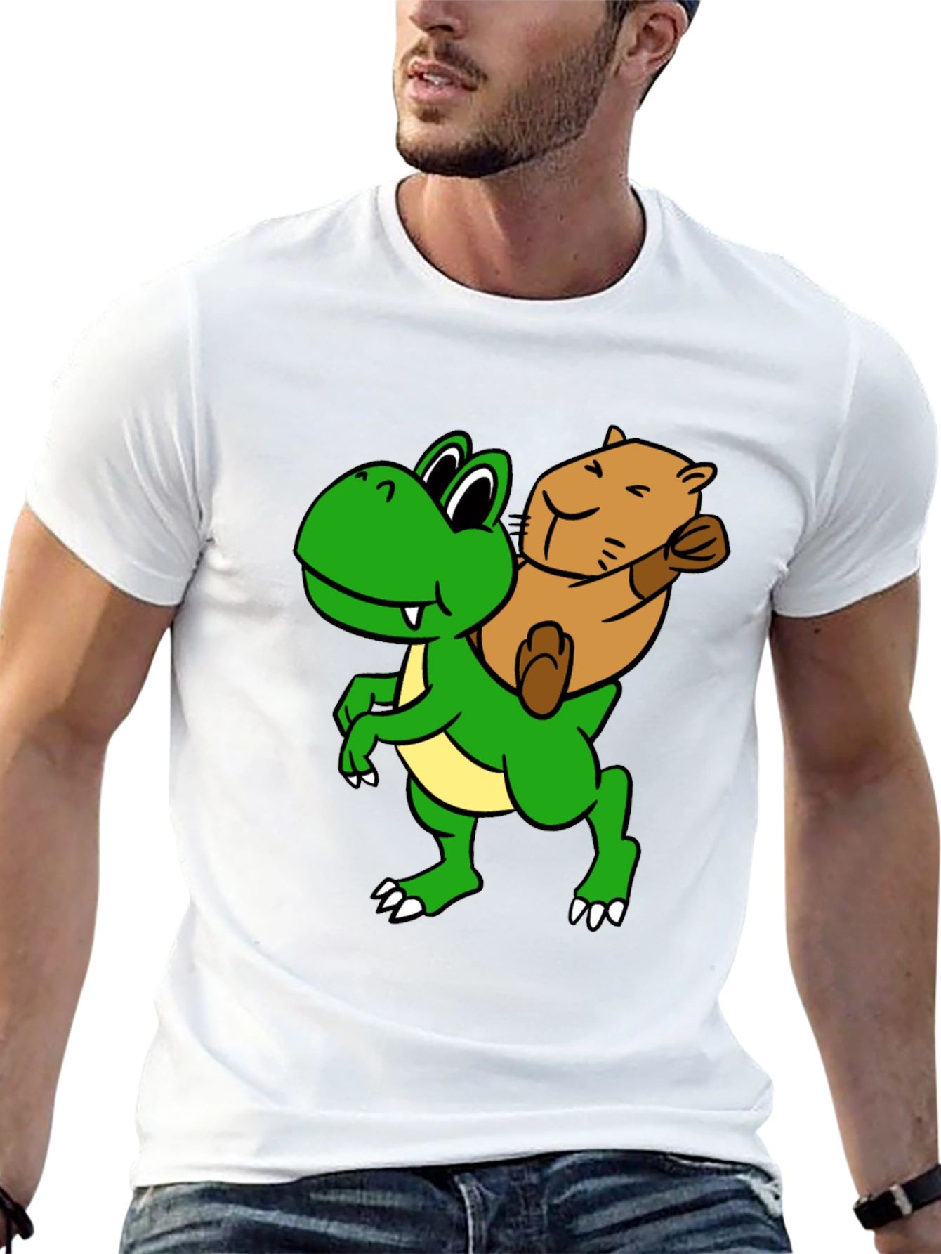 Cartoon Dinosaur & Otter Graphic T-Shirt - Fun Black Tee