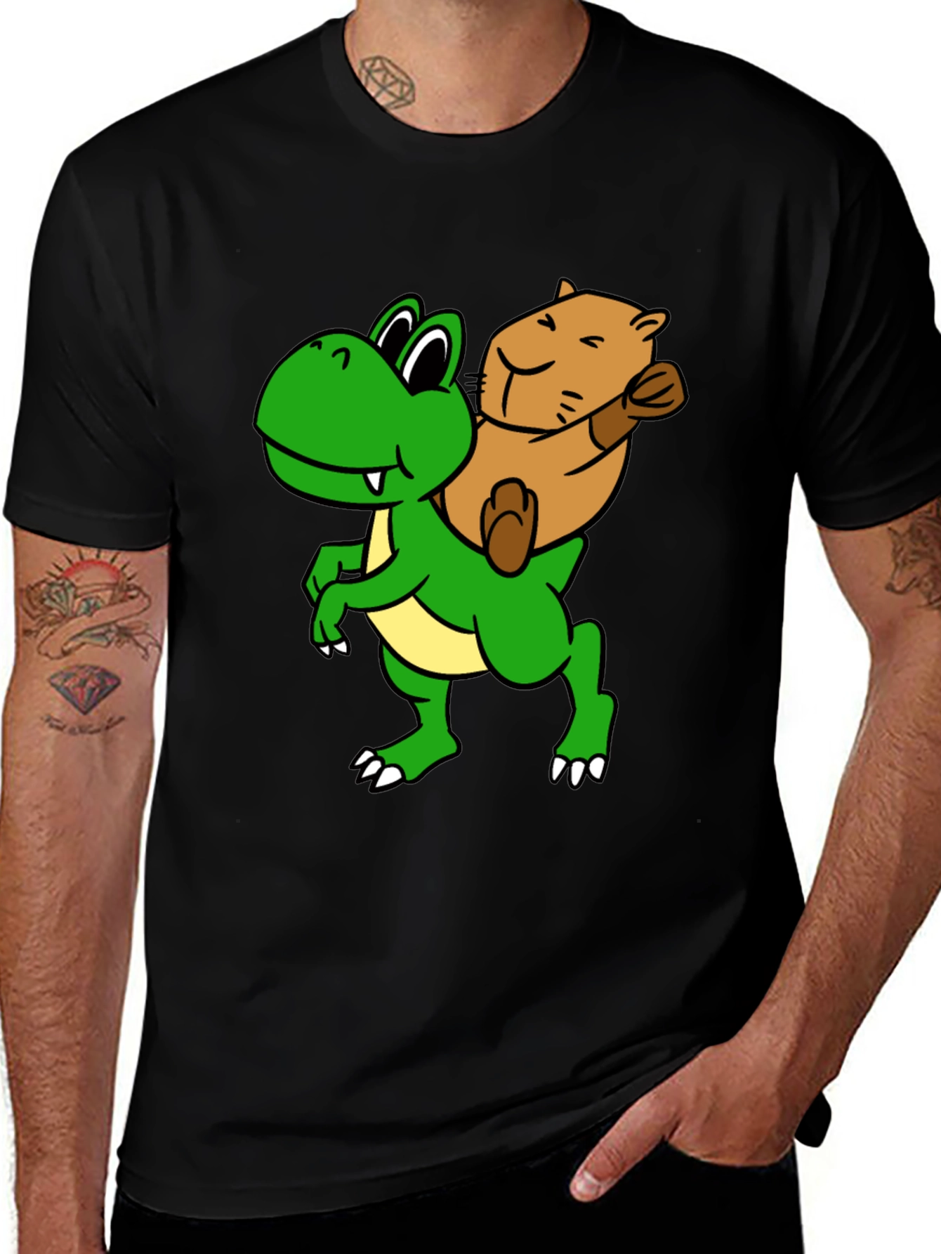 Cartoon Dinosaur & Otter Graphic T-Shirt - Fun Black Tee
