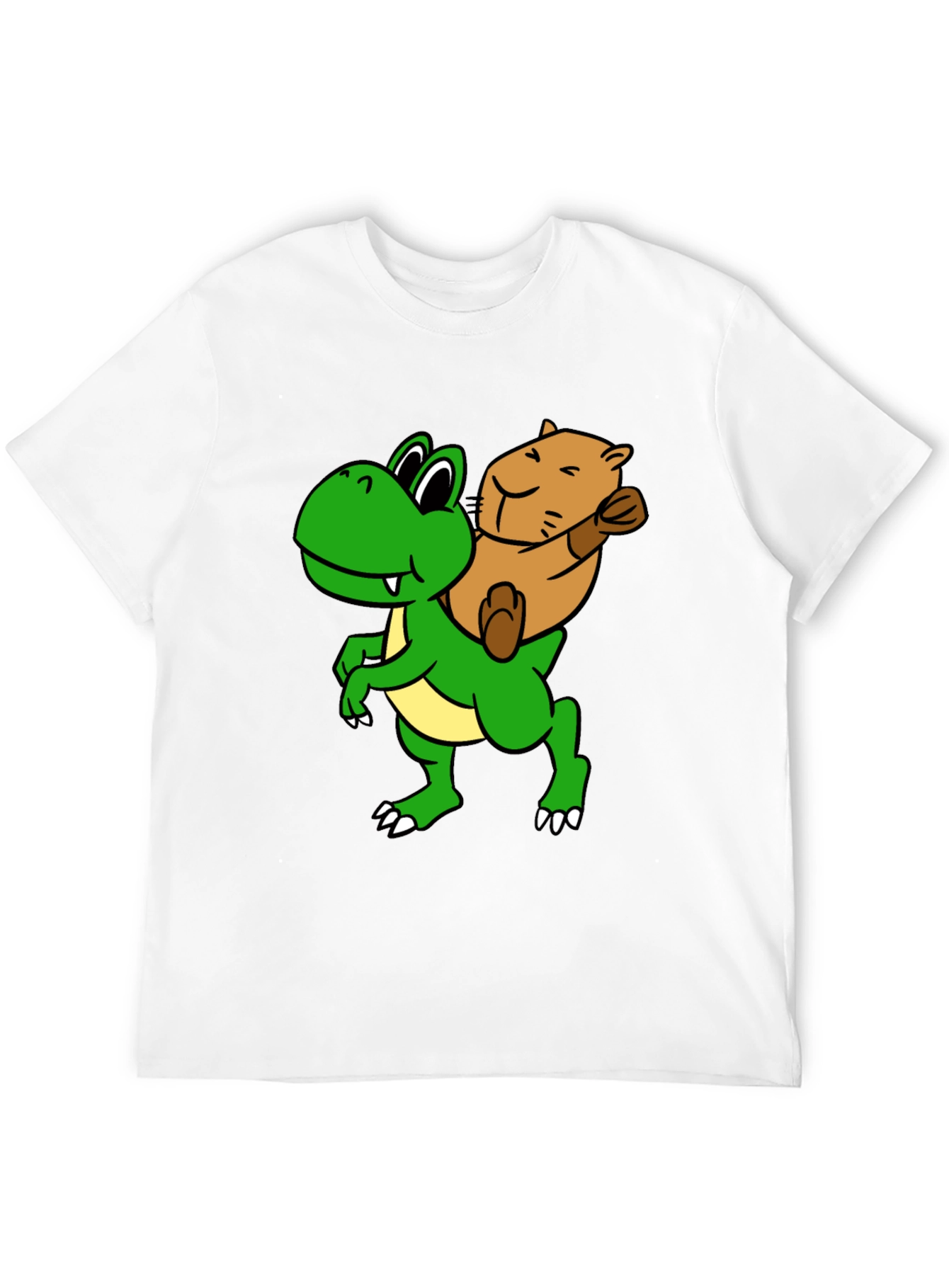 Cartoon Dinosaur & Otter Graphic T-Shirt - Fun Black Tee