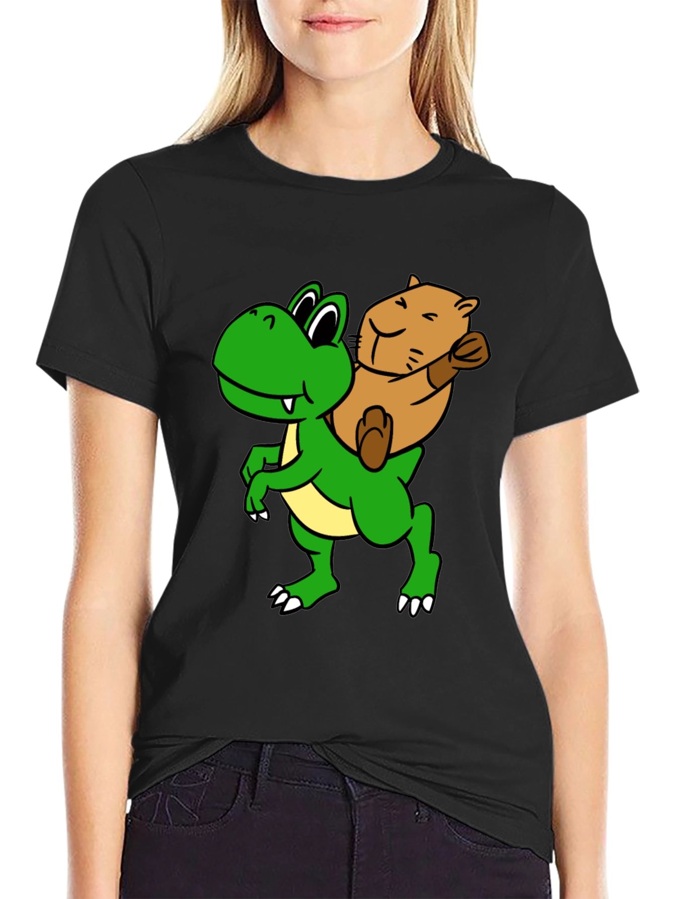 Cartoon Dinosaur & Otter Graphic T-Shirt - Fun Black Tee