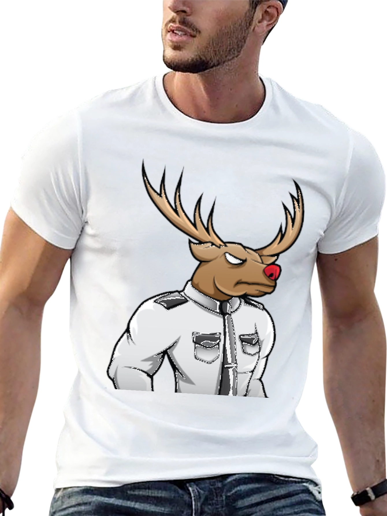 Rudolph Reindeer Officer Graphic Tee - Black Cotton Blend