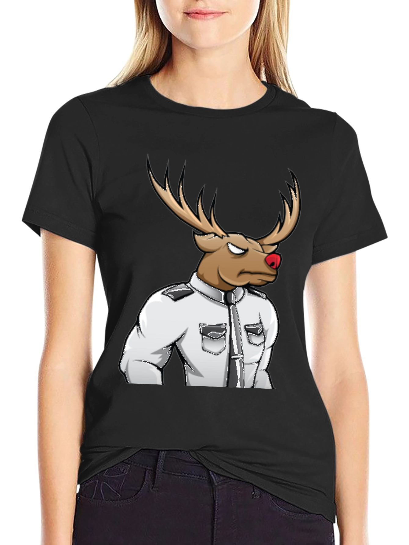 Rudolph Reindeer Officer Graphic Tee - Black Cotton Blend